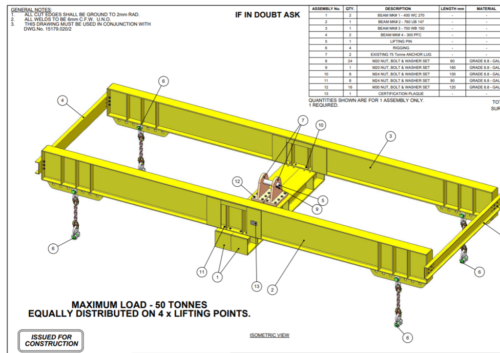 50 Tonne Tray Lifting Beam - Drawings